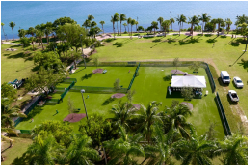 Aerial view of a sunny Miami dog park with green lawns and palm trees