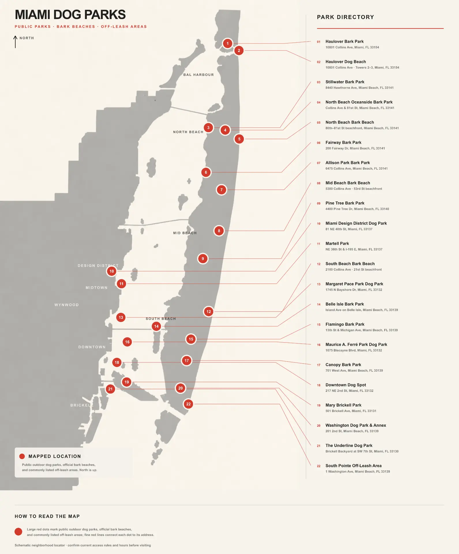 Illustrated map of Miami and Miami Beach showing BONE launch neighborhoods and public dog parks
